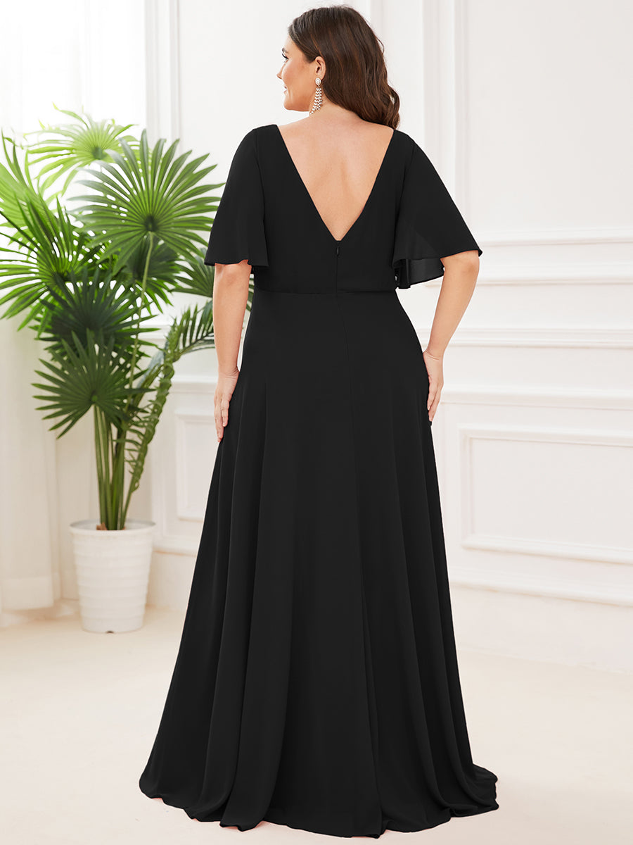 Elegant Plus Size A-Line Bridesmaid Dress with Deep V-Neck and Ruffle Sleeves