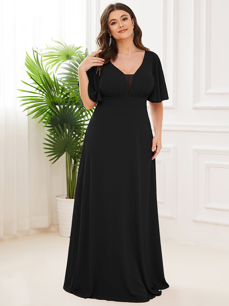 Elegant Plus Size A-Line Bridesmaid Dress with Deep V-Neck and Ruffle Sleeves