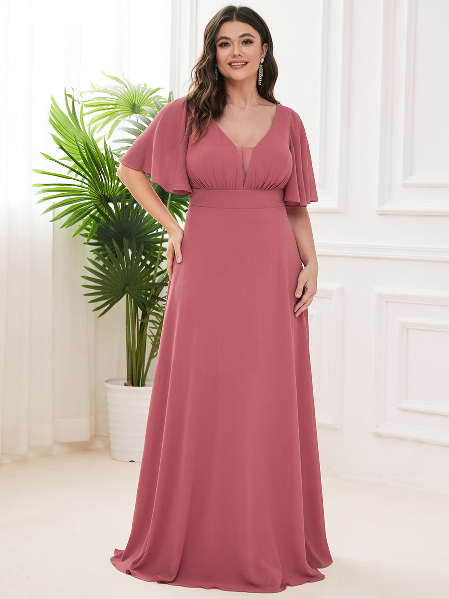Elegant Plus Size A-Line Bridesmaid Dress with Deep V-Neck and Ruffle Sleeves