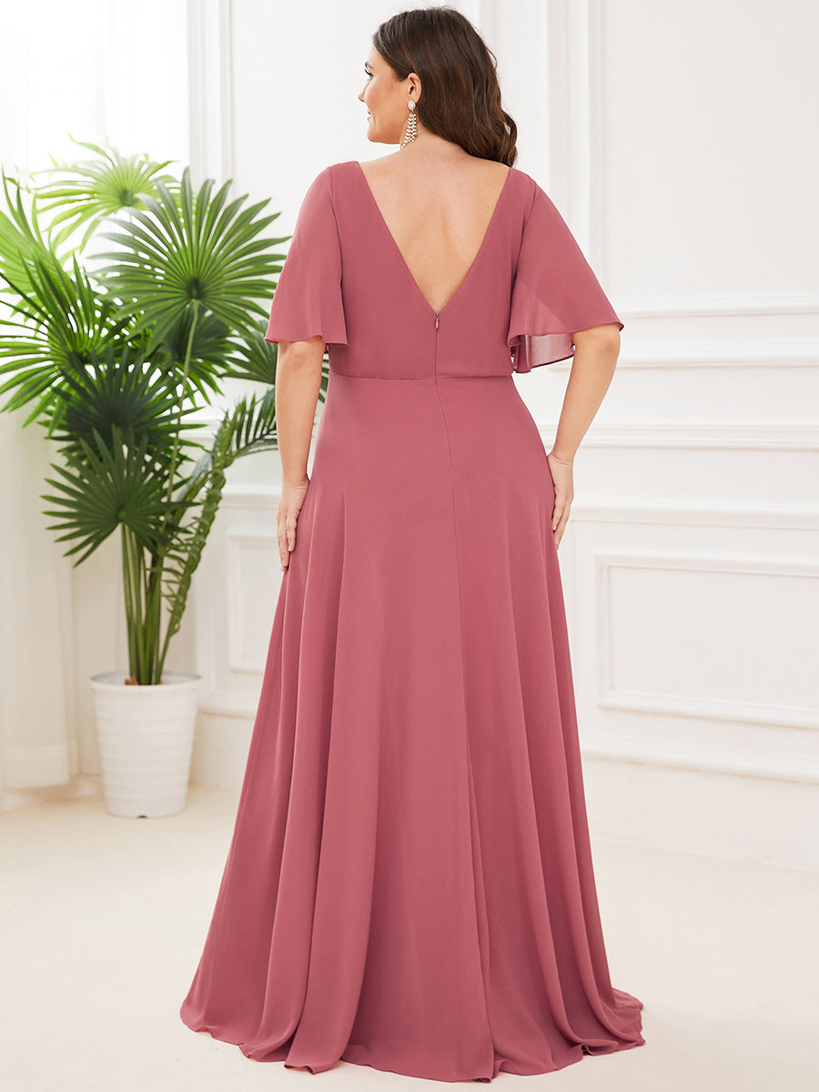 Elegant Plus Size A-Line Bridesmaid Dress with Deep V-Neck and Ruffle Sleeves
