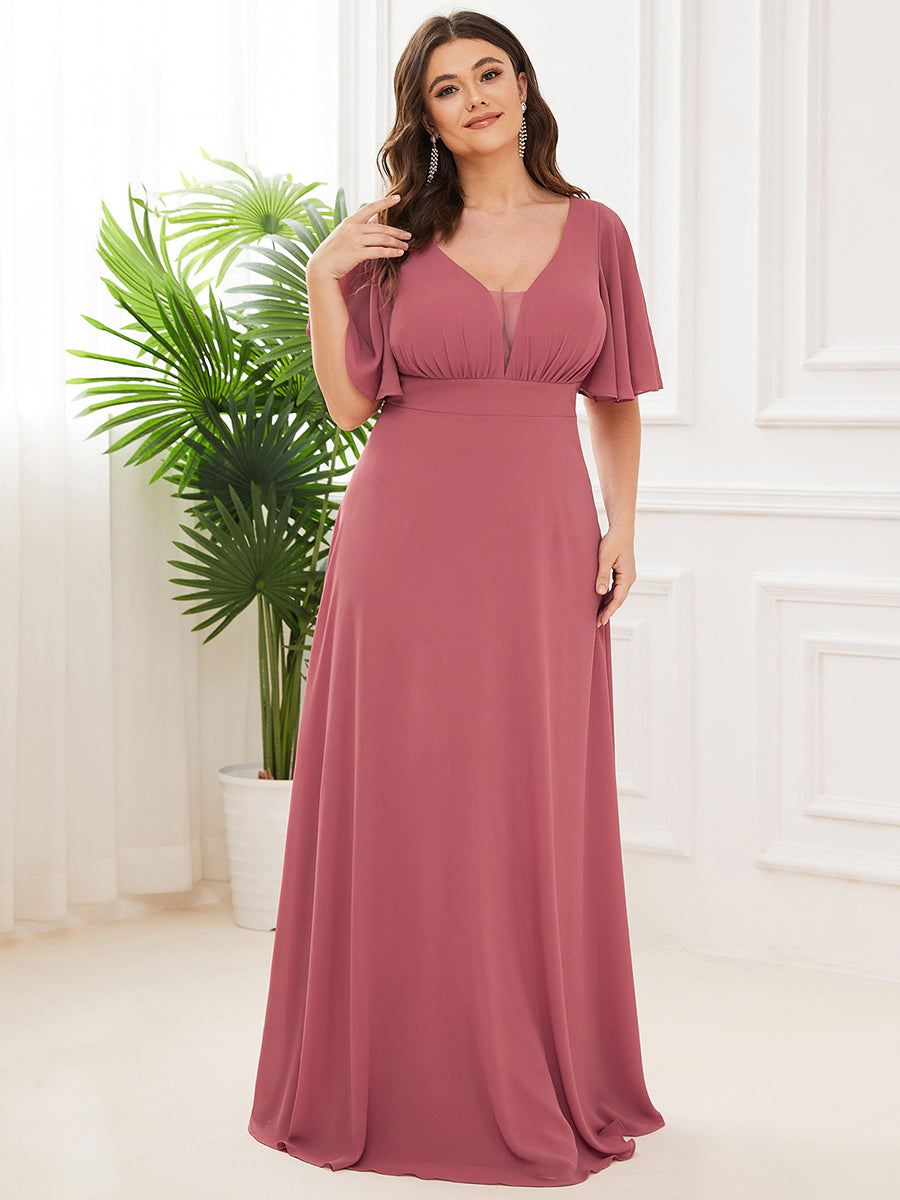 Elegant Plus Size A-Line Bridesmaid Dress with Deep V-Neck and Ruffle Sleeves
