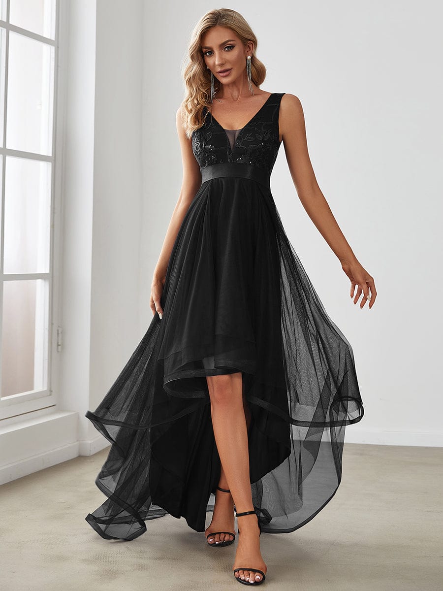 V-Neck Sequin Embellished Tulle High-Low Formal Dress