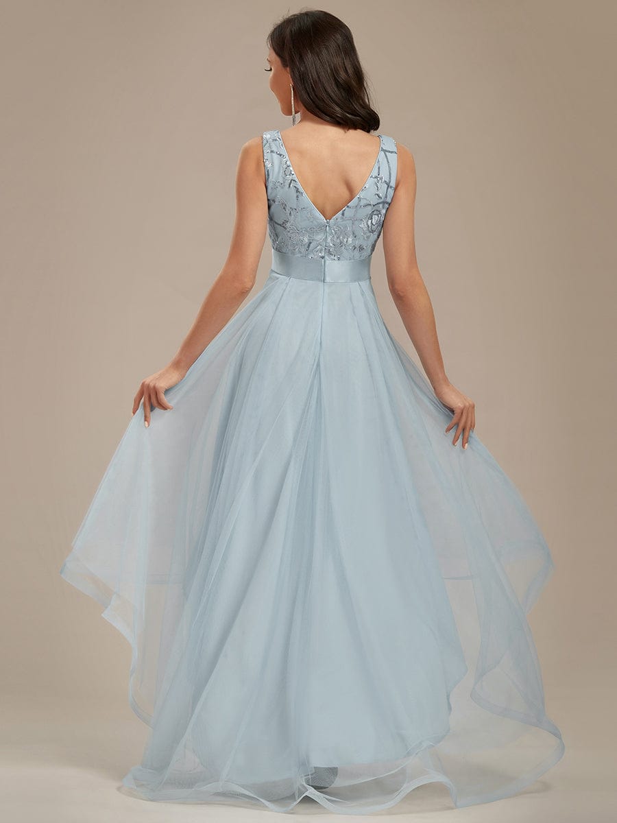 V-Neck Sequin Embellished Tulle High-Low Formal Dress