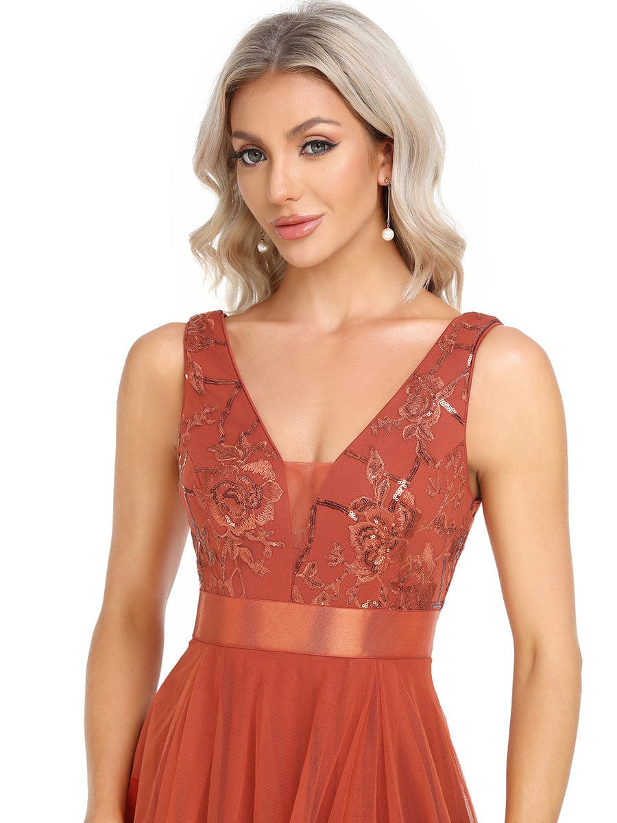V-Neck Sequin Embellished Tulle High-Low Formal Dress