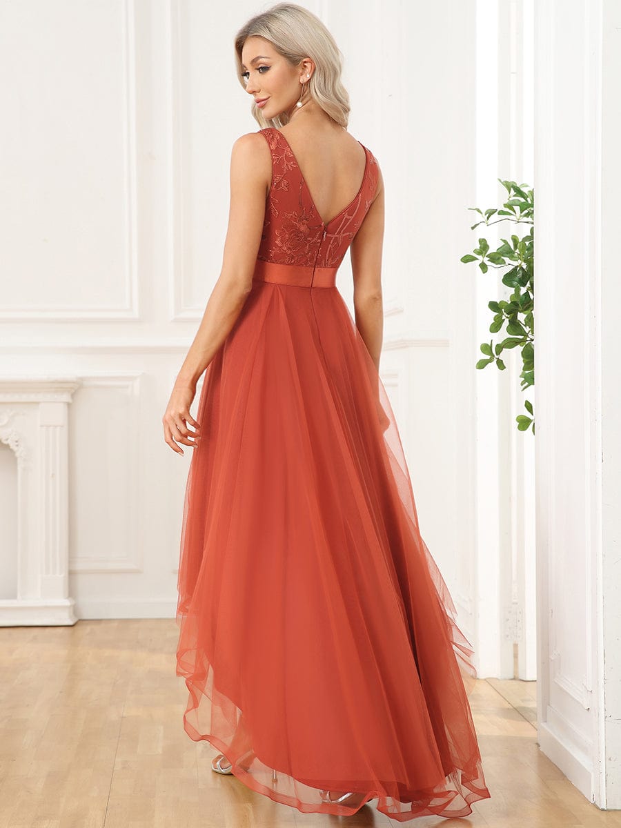 V-Neck Sequin Embellished Tulle High-Low Formal Dress
