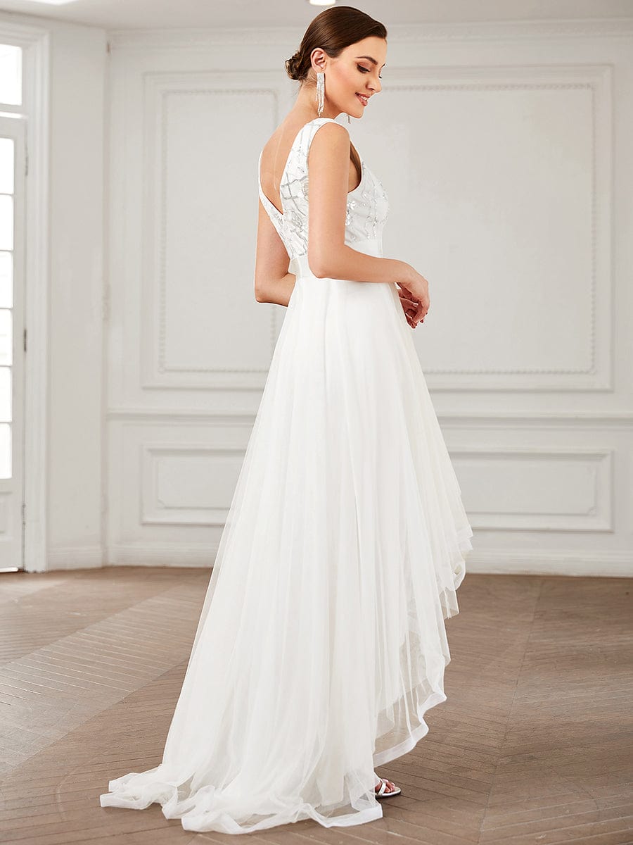 V-Neck Sequin Embellished Tulle High-Low Formal Dress
