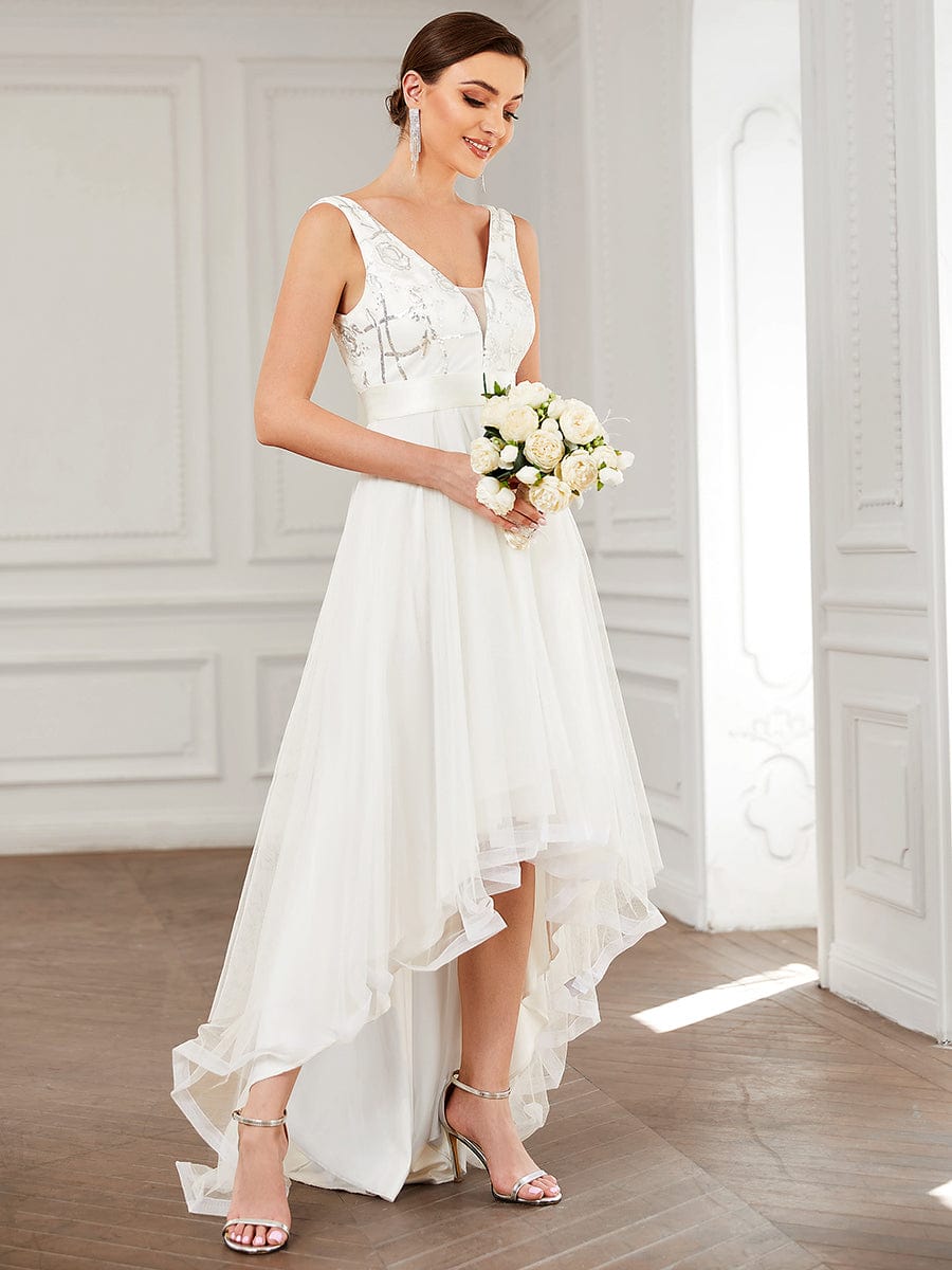 V-Neck Sequin Embellished Tulle High-Low Formal Dress
