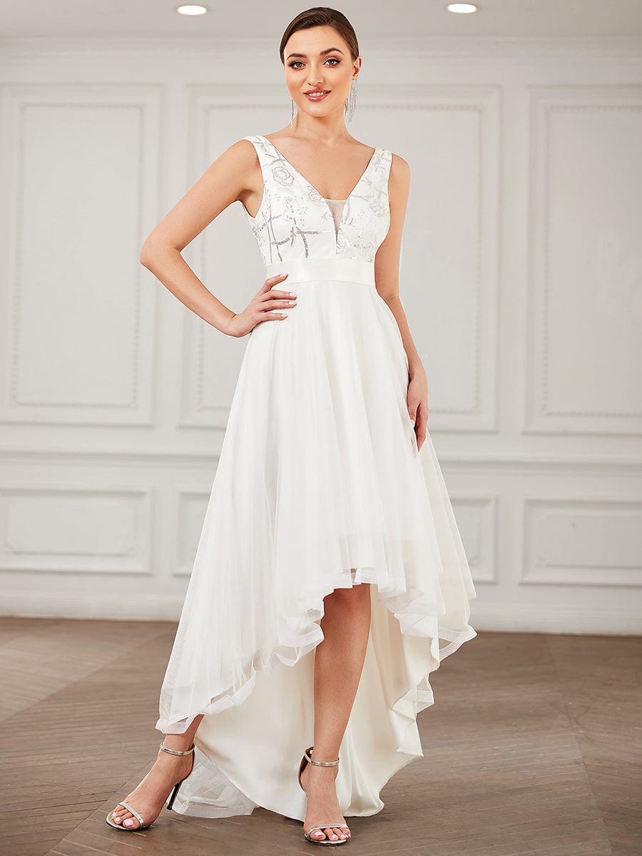 V-Neck Sequin Embellished Tulle High-Low Formal Dress