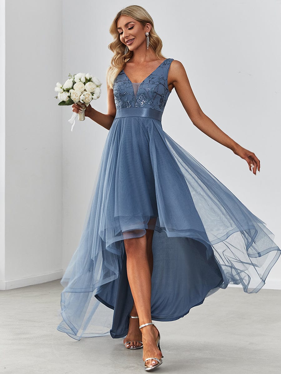 V-Neck Sequin Embellished Tulle High-Low Formal Dress