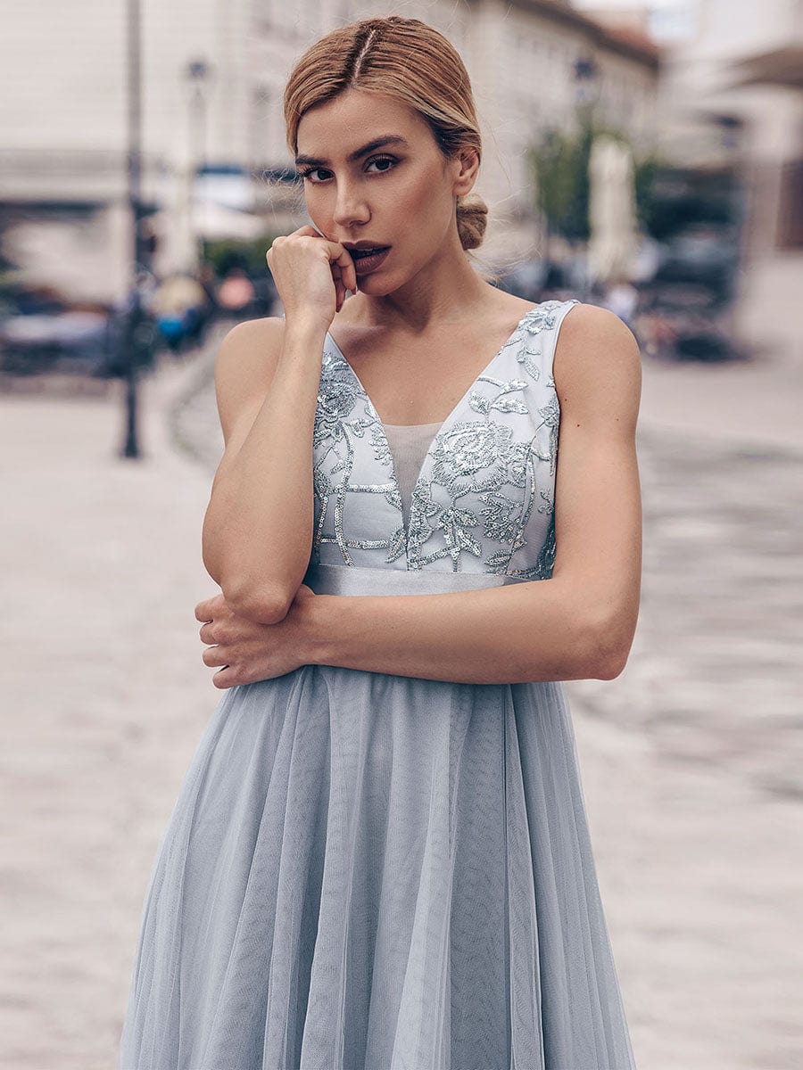 V-Neck Sequin Embellished Tulle High-Low Formal Dress