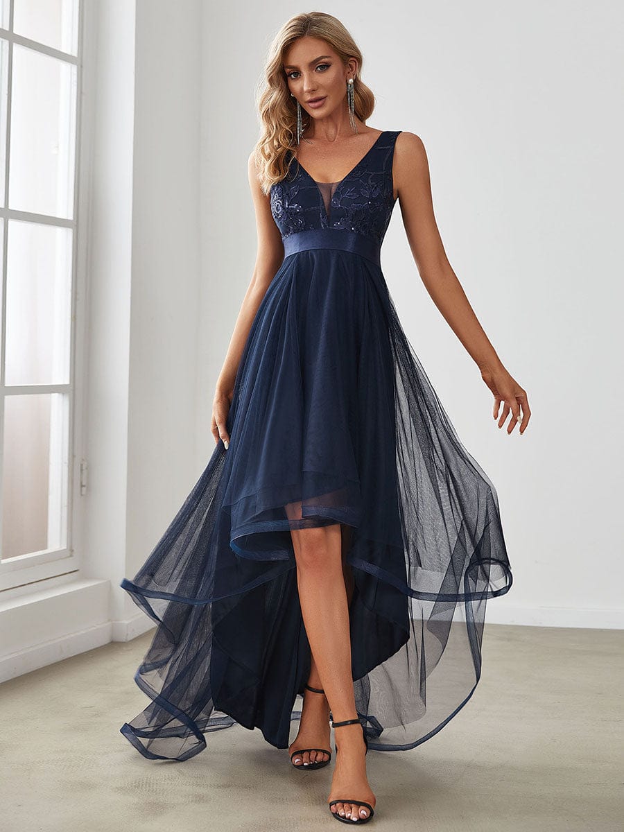 V-Neck Sequin Embellished Tulle High-Low Formal Dress