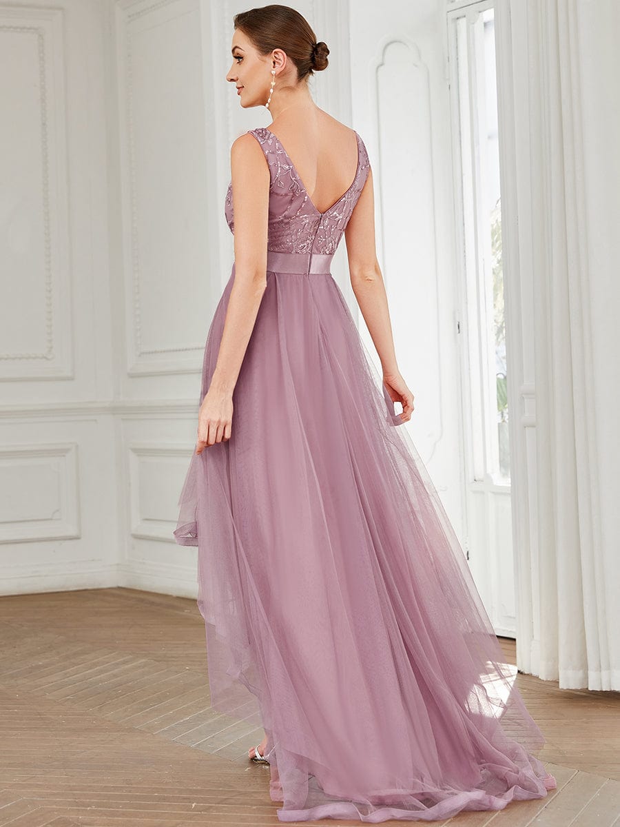 V-Neck Sequin Embellished Tulle High-Low Formal Dress