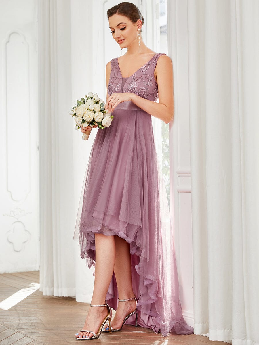 V-Neck Sequin Embellished Tulle High-Low Formal Dress