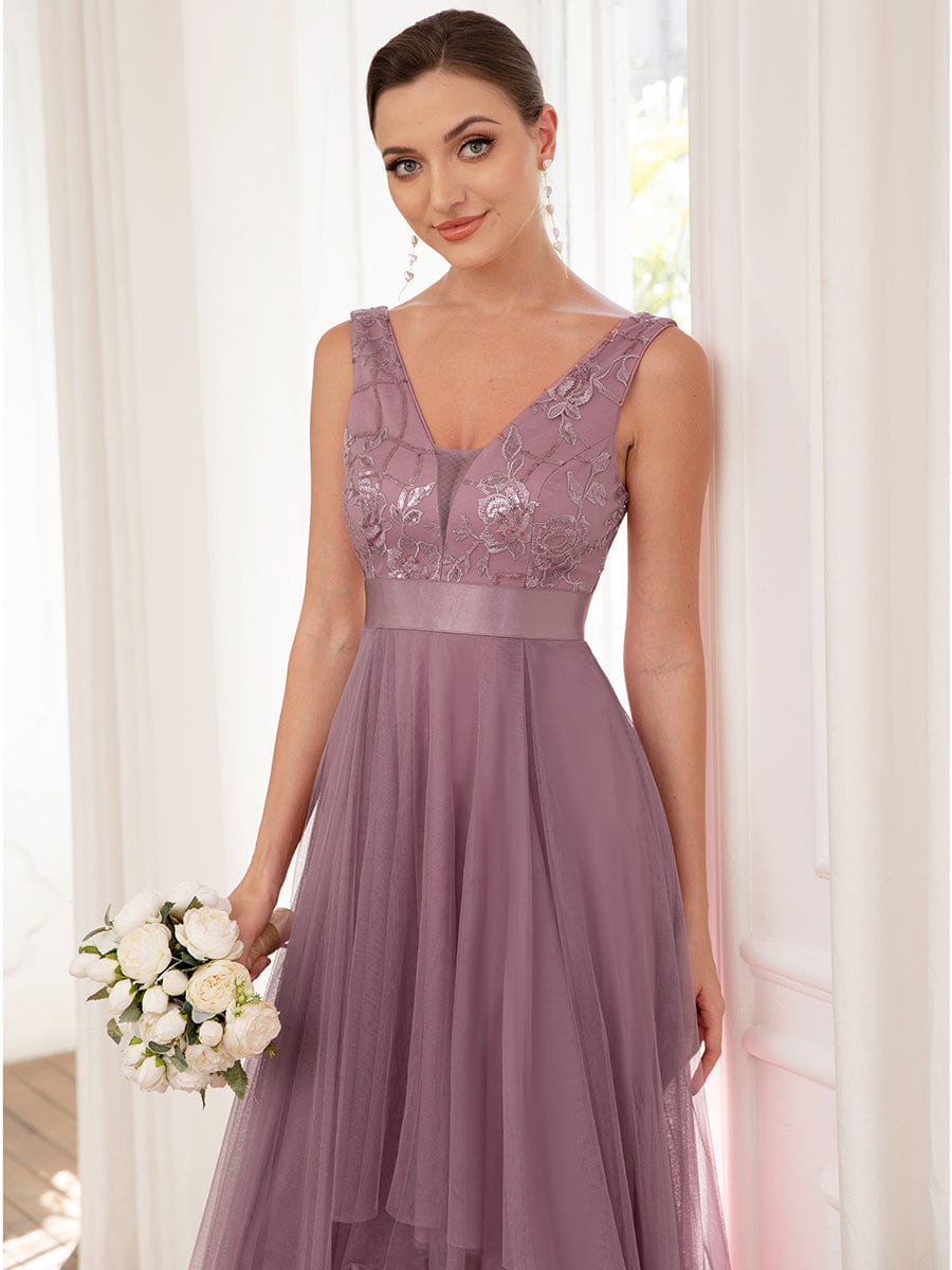 V-Neck Sequin Embellished Tulle High-Low Formal Dress