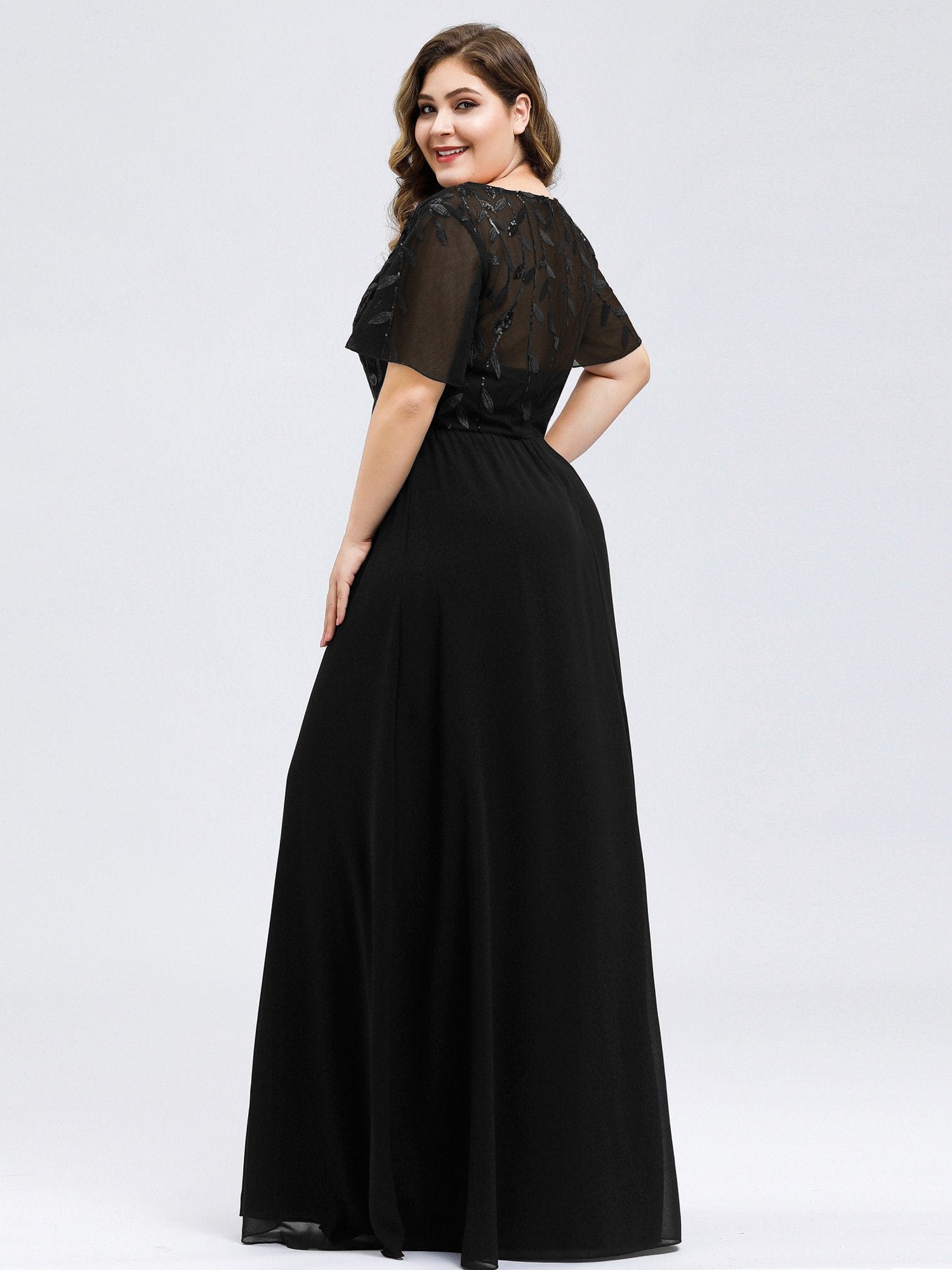 Elegant Floral Sequin Plus Size Evening Gown with Cap Sleeves
