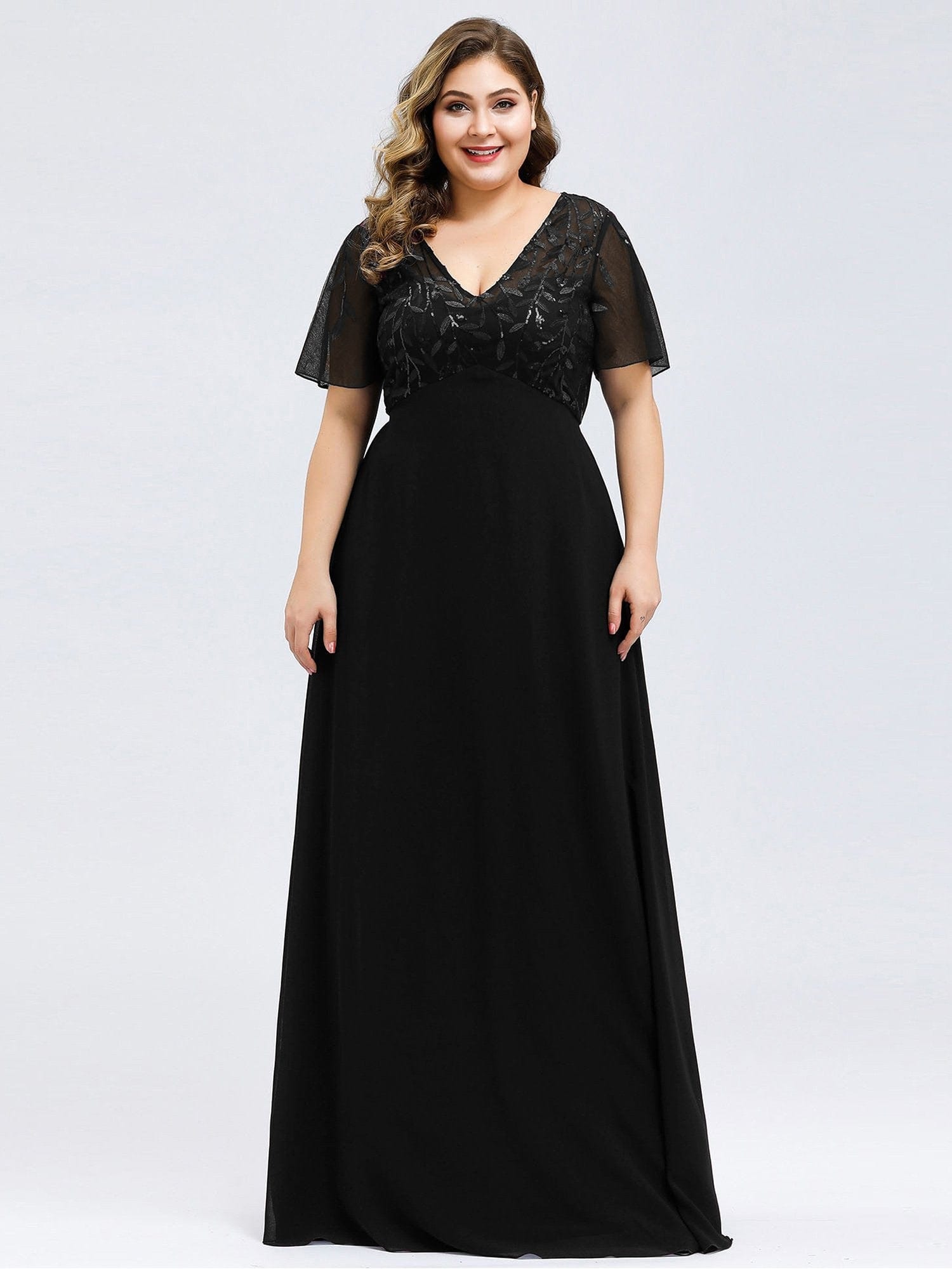 Elegant Floral Sequin Plus Size Evening Gown with Cap Sleeves