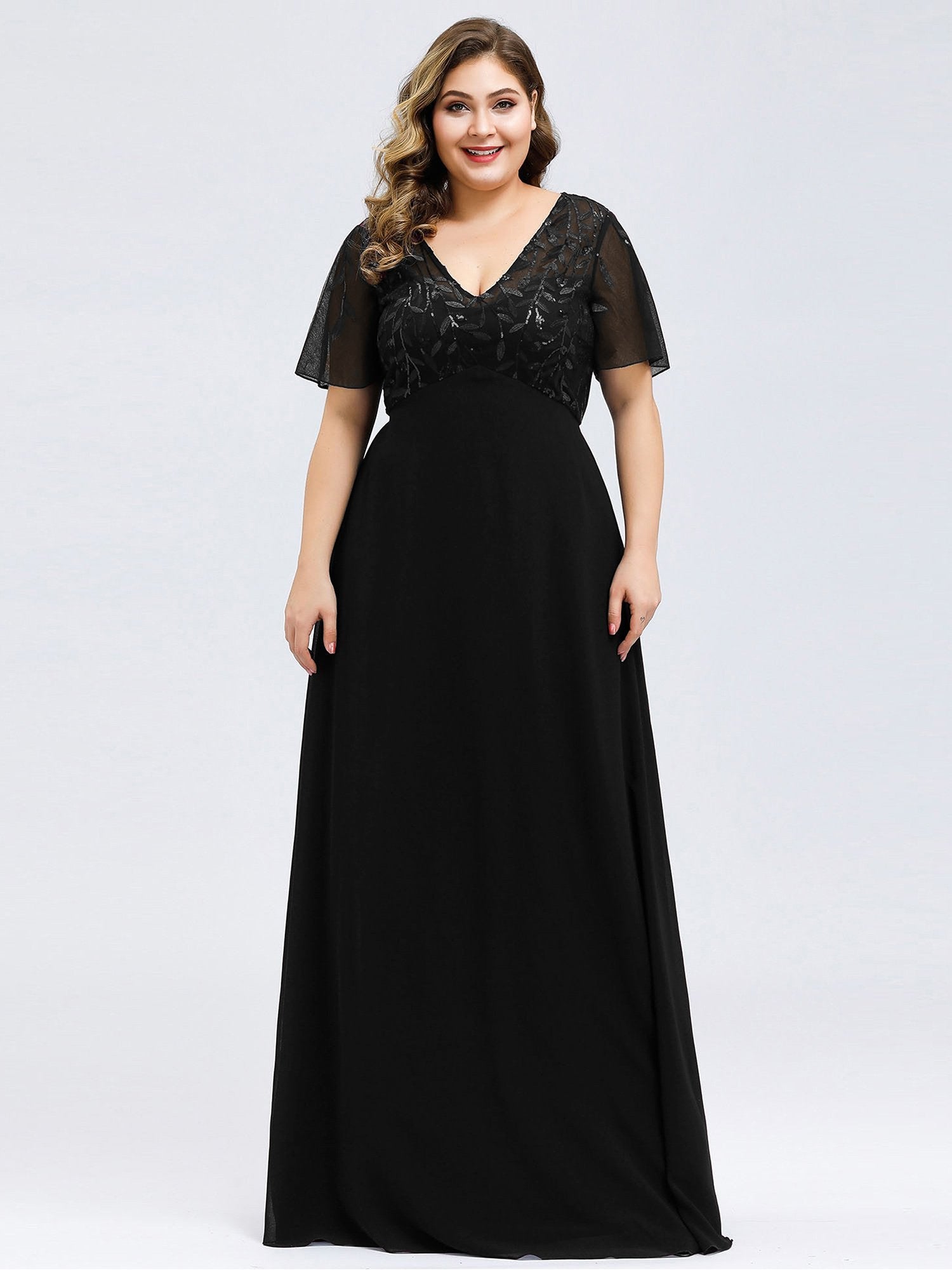 Elegant Plus Size Floral Sequin Evening Gown With Cap Sleeves