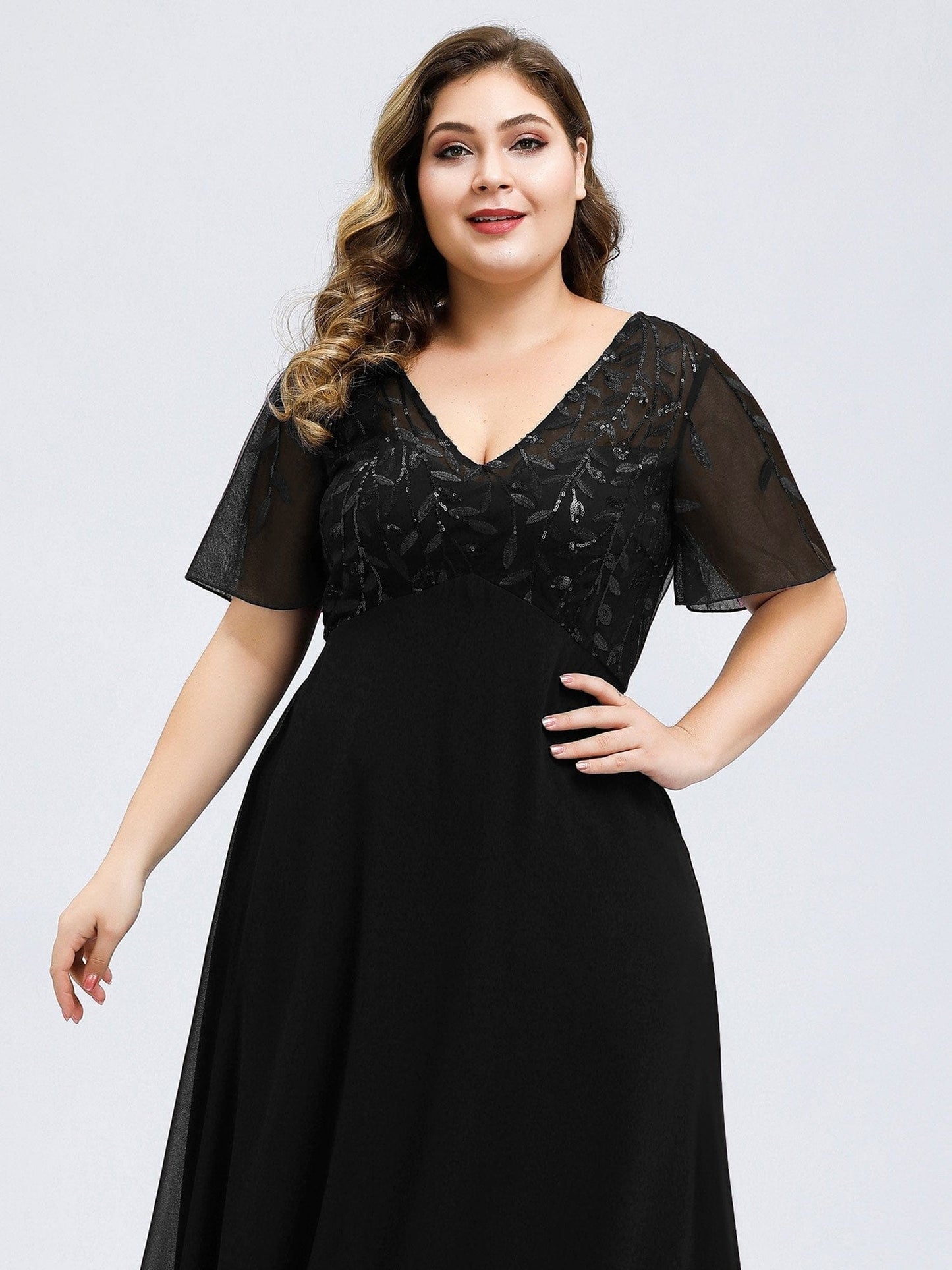 Elegant Floral Sequin Plus Size Evening Gown with Cap Sleeves