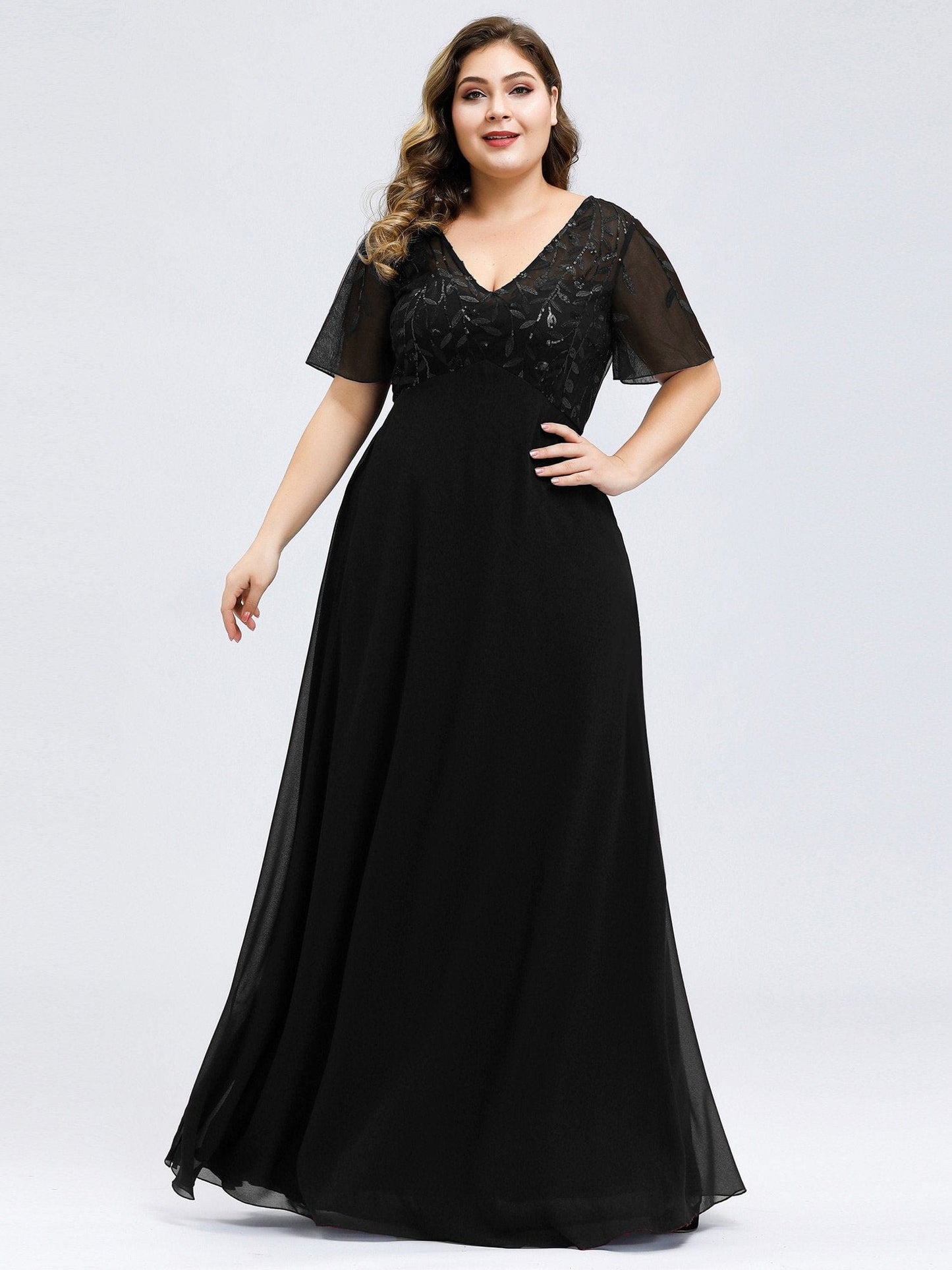 Elegant Floral Sequin Plus Size Evening Gown with Cap Sleeves