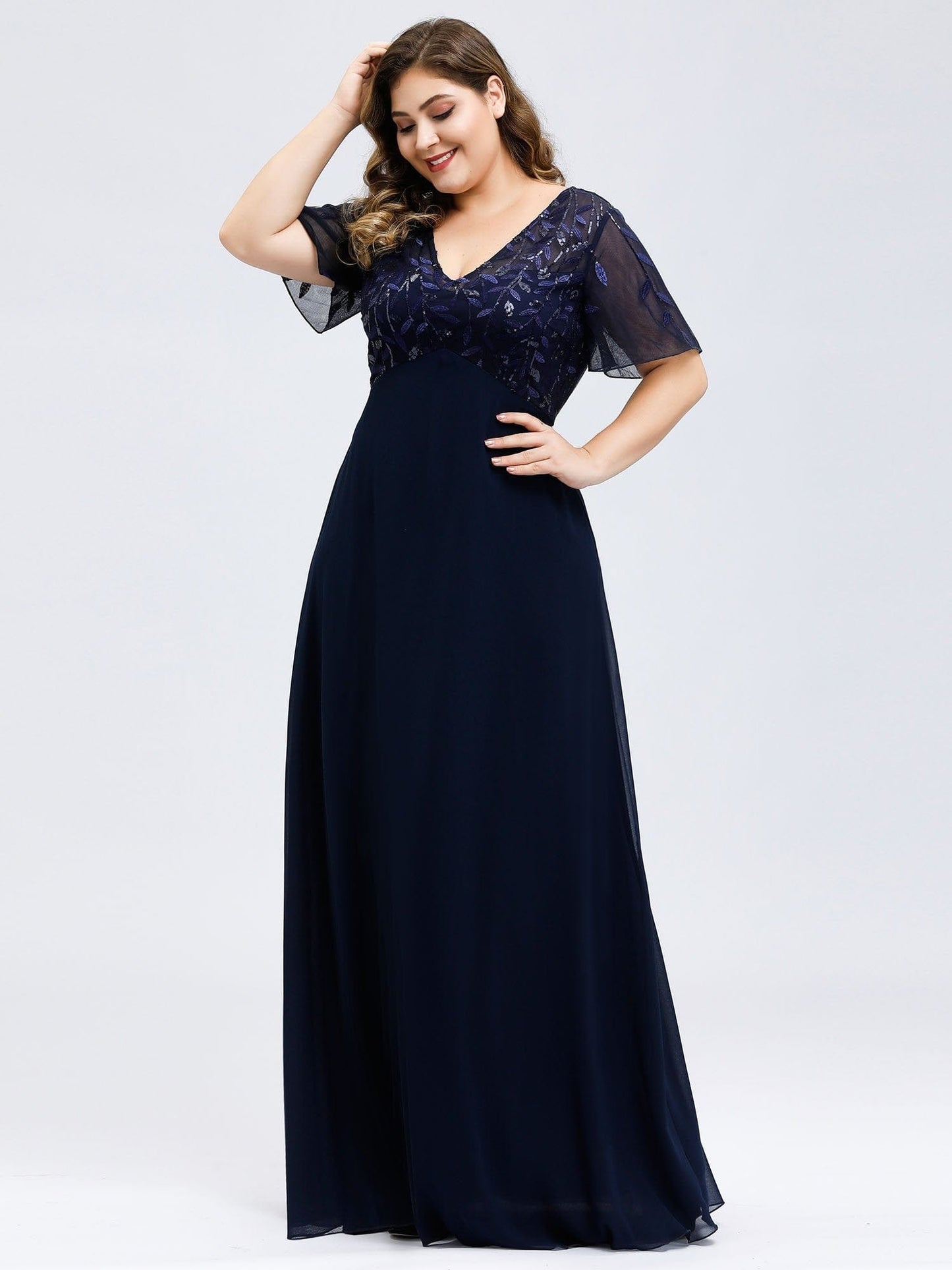 Elegant Floral Sequin Plus Size Evening Gown with Cap Sleeves