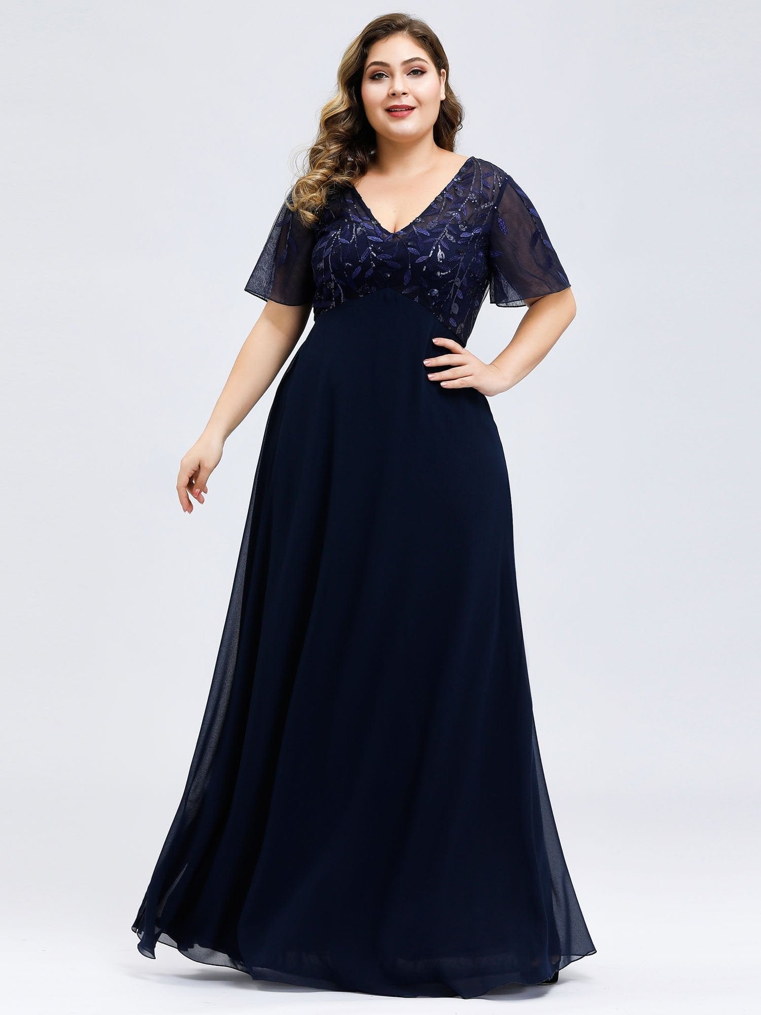 Elegant Floral Sequin Plus Size Evening Gown with Cap Sleeves