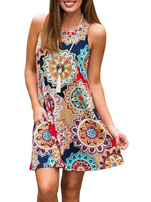New  Women Summer Dress Fashion Floral Print Sleeveless Dresses Casual Dresses Female Robe 50 Colors Vestidos Midi Sundress
