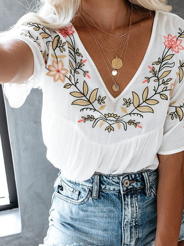 Woven Flower Handmade Pullover with Floral Embroidery Babydoll Top for Women