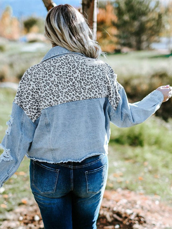 Leopard Print Casual Denim Jacket for Plus Size Women with Stylish Details