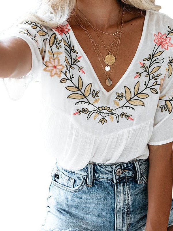 Woven Flower Handmade Pullover with Floral Embroidery Babydoll Top for Women