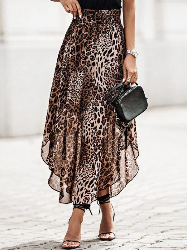 Leopard Print Smocked High Waist Chiffon Irregular Skirt