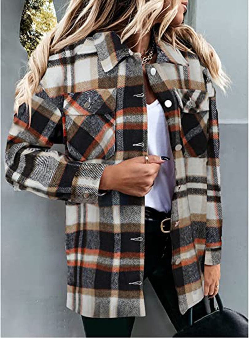 Plaid long-sleeve loose-pocket single-breasted wool coat