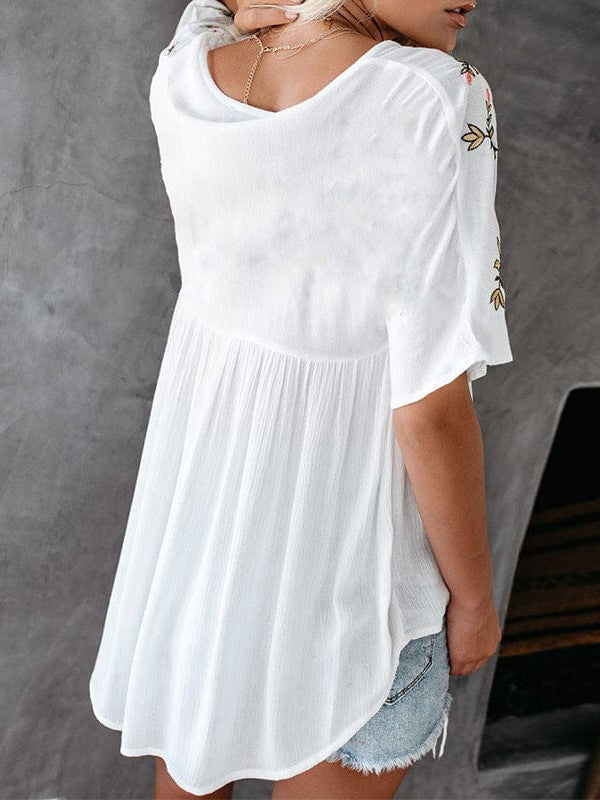 Woven Flower Handmade Pullover with Floral Embroidery Babydoll Top for Women