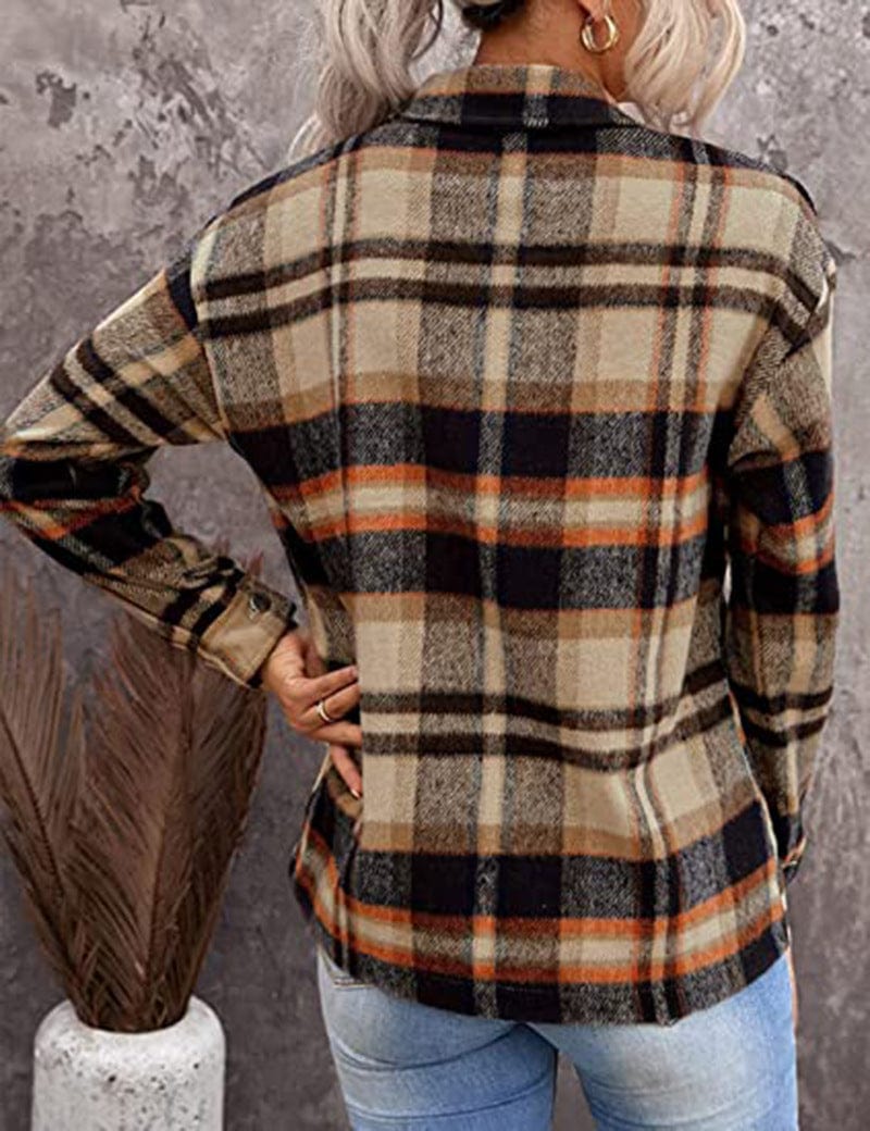 Plaid long-sleeve loose-pocket single-breasted wool coat