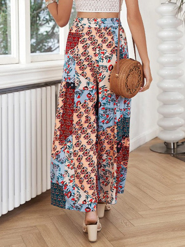 Drawstring High-Waisted Casual Trousers with Wide-Leg Print
