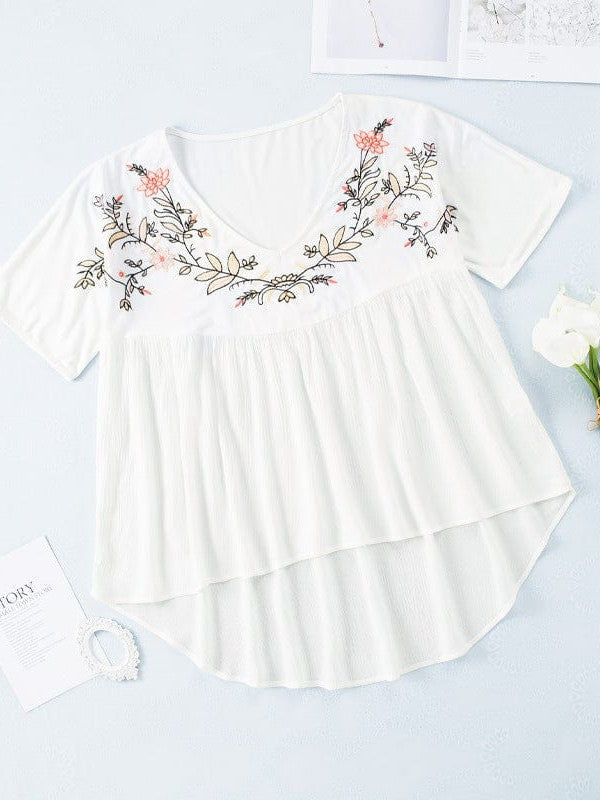 Woven Flower Handmade Pullover with Floral Embroidery Babydoll Top for Women
