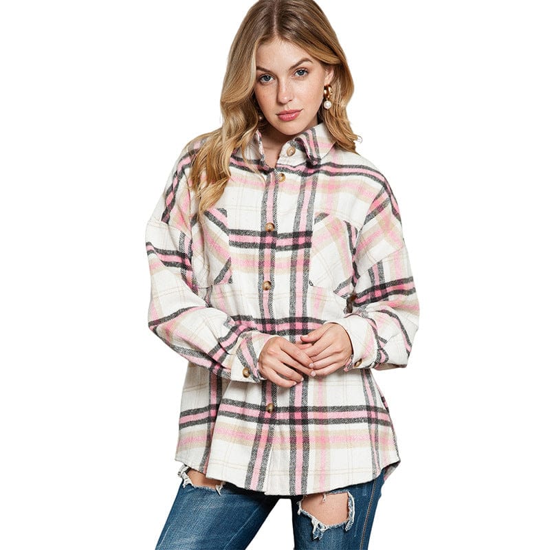 Casual Plaid Lapel Loose Long Sleeve Cardigan for Women