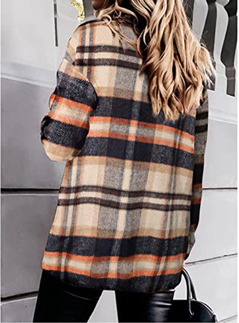 Plaid long-sleeve loose-pocket single-breasted wool coat