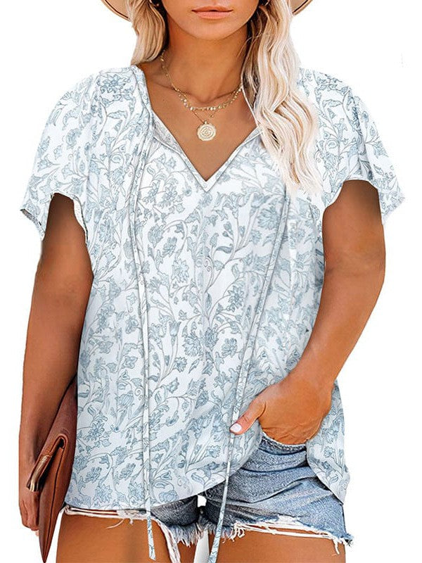 Chiffon V-Neck Floral Print Plus Size Top for Women