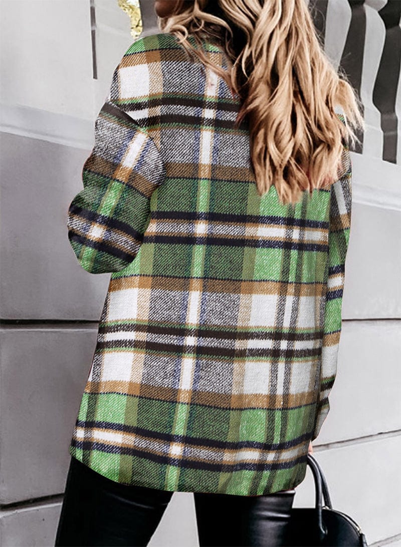Plaid long-sleeve loose-pocket single-breasted wool coat
