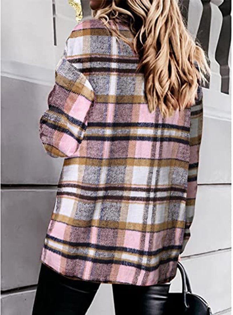 Plaid long-sleeve loose-pocket single-breasted wool coat