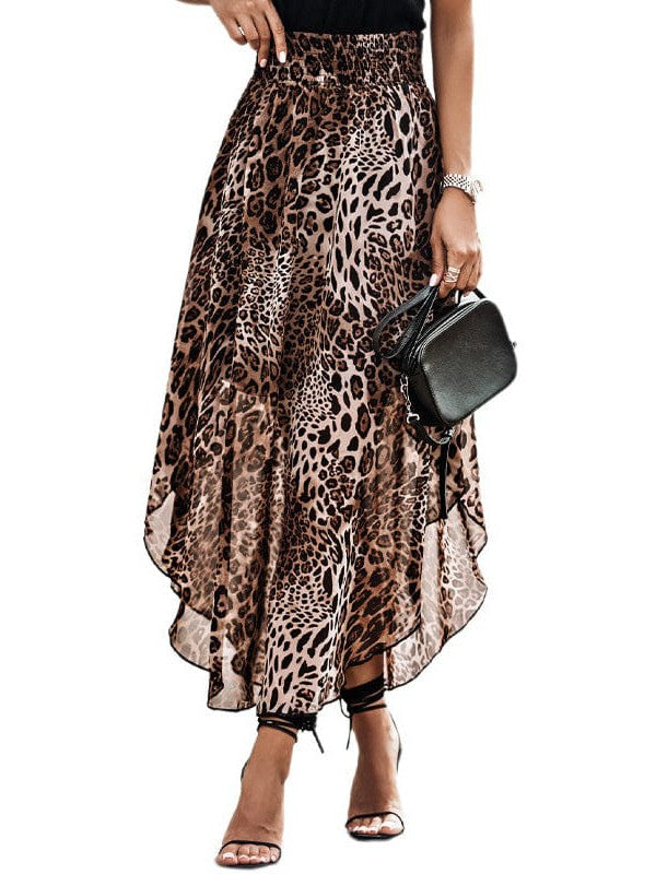 Leopard Print Smocked High Waist Chiffon Irregular Skirt