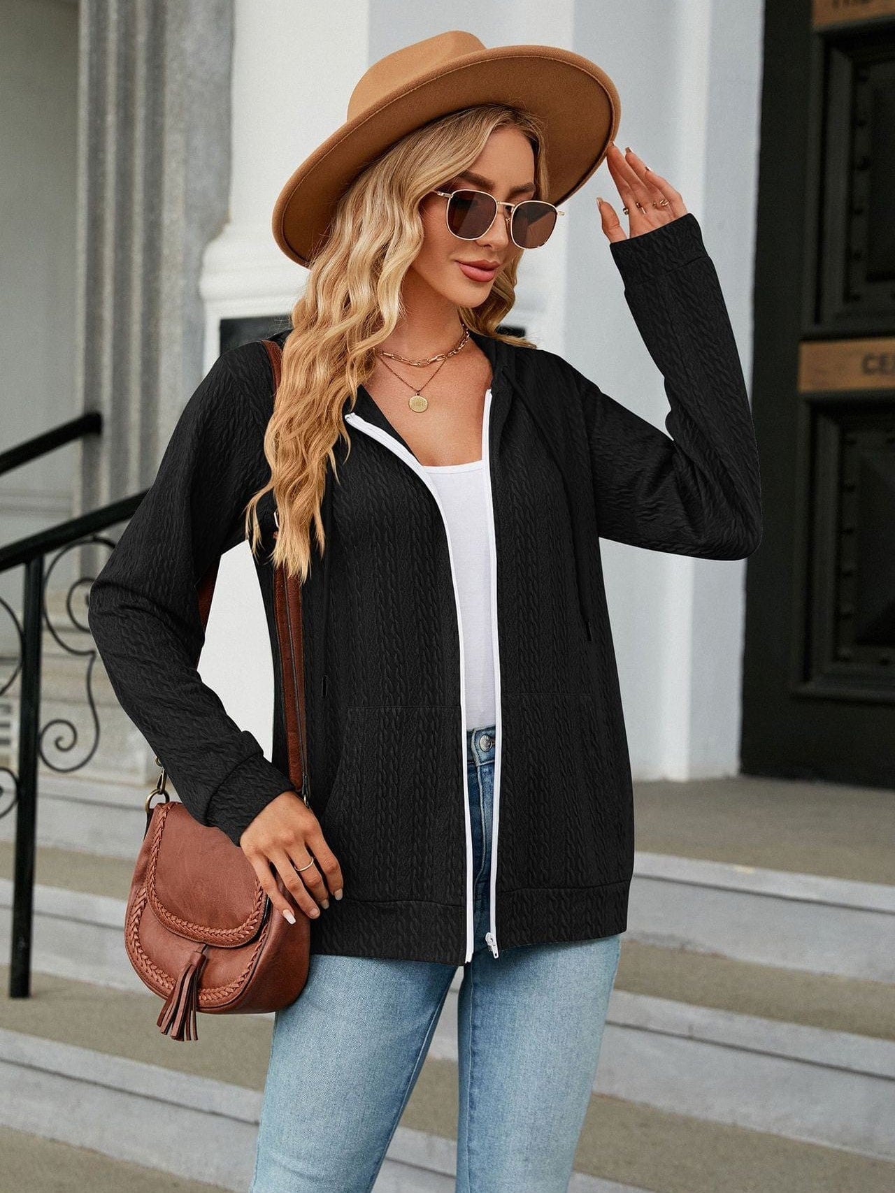 Zippered hooded drawstring sweatshirt knitted jacket