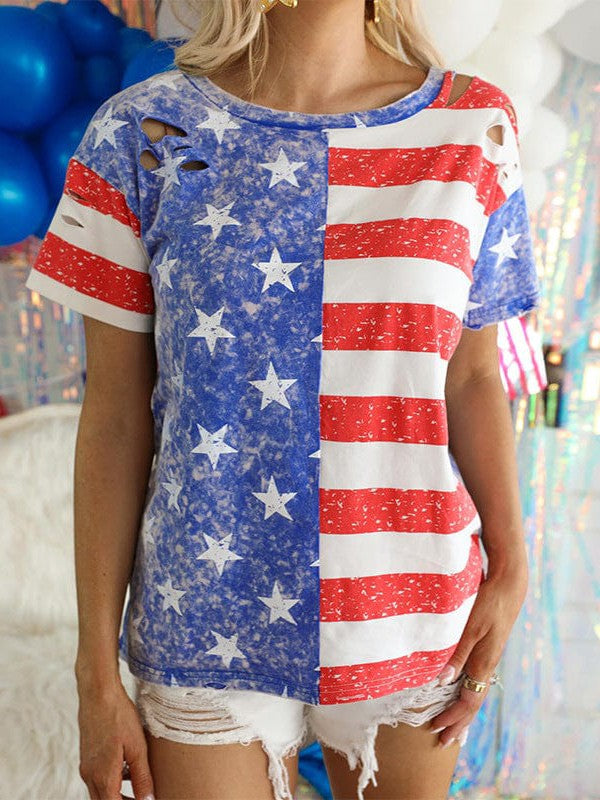 American Flag Print Loose Fit Short-sleeved Top with Ripped Hollow Detail T-shirt for Women