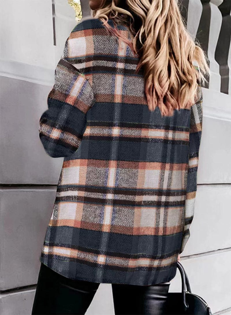 Plaid long-sleeve loose-pocket single-breasted wool coat