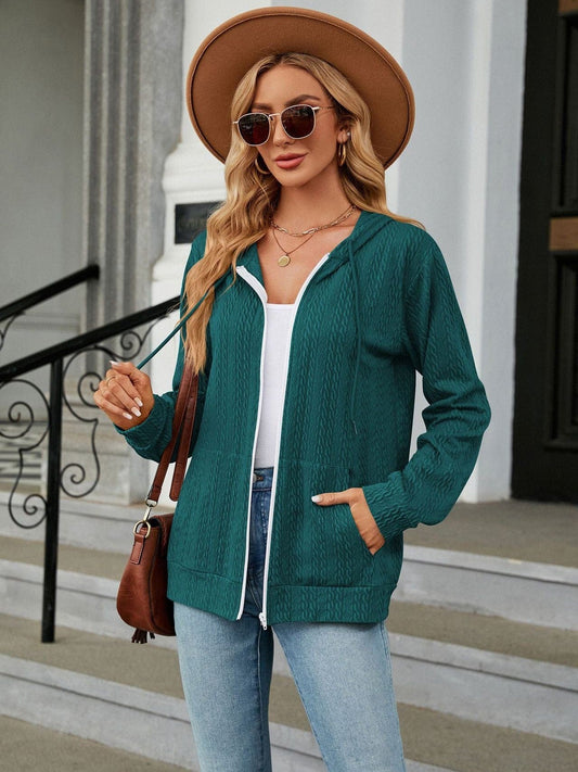 Zippered hooded drawstring sweatshirt knitted jacket