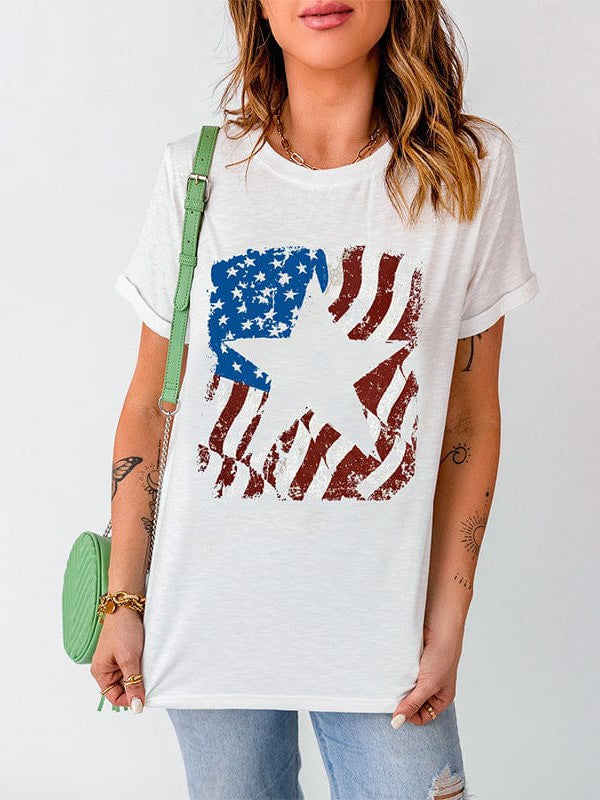 American Independence Day Women's T-Shirt with Star Print and Loose Fit Contrasting Round Neck Pullover