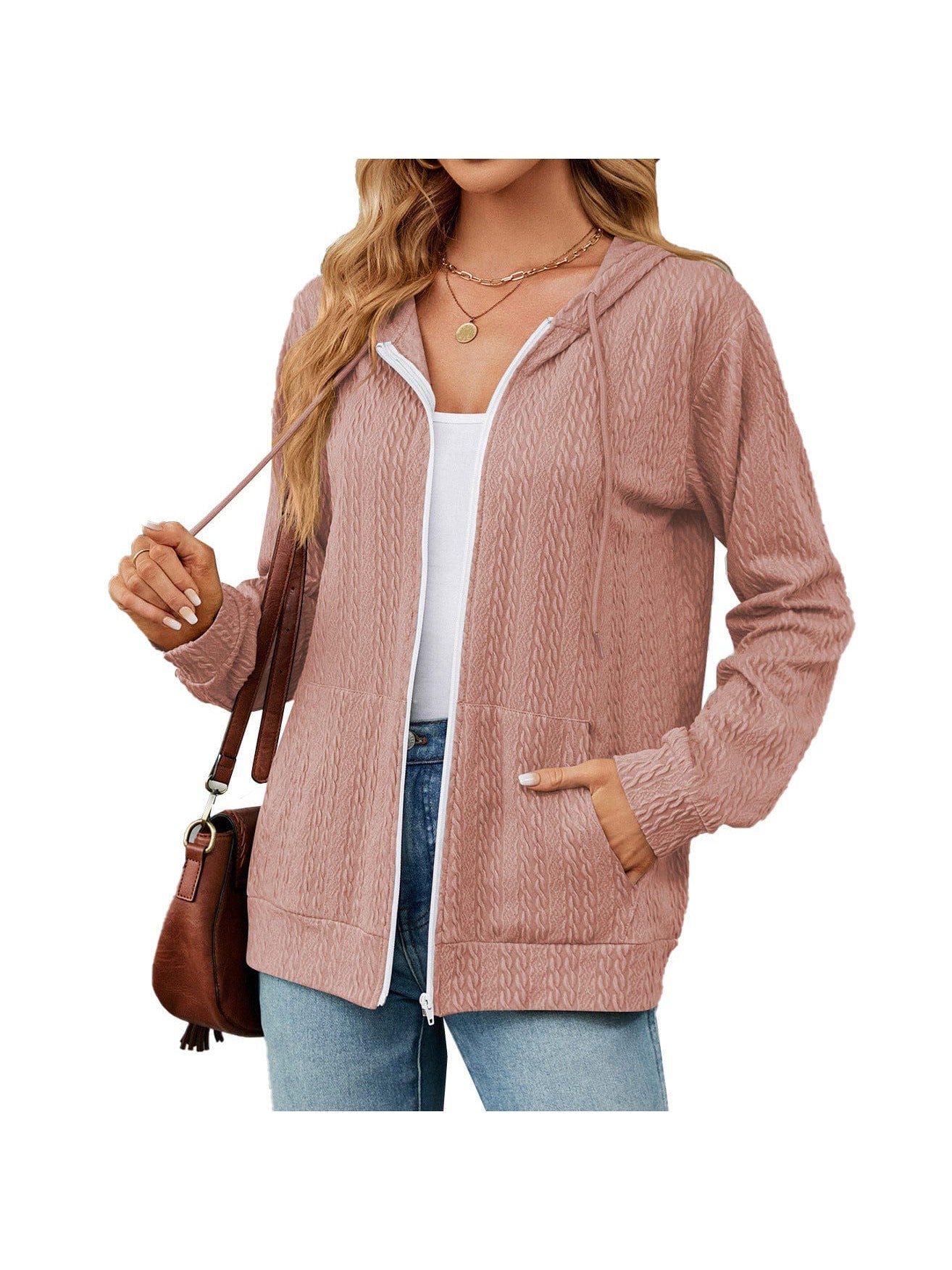 Zippered hooded drawstring sweatshirt knitted jacket