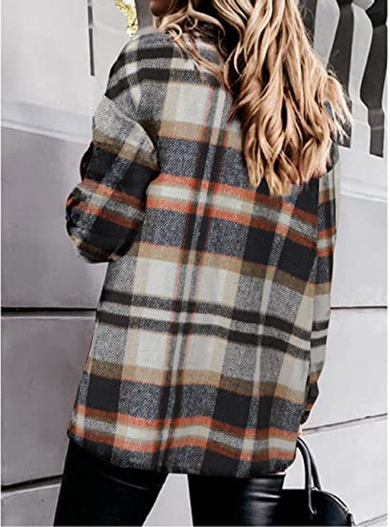 Plaid long-sleeve loose-pocket single-breasted wool coat