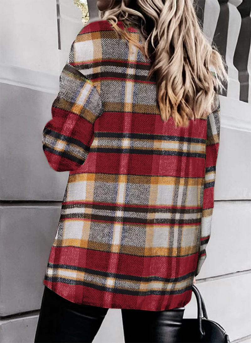 Plaid long-sleeve loose-pocket single-breasted wool coat