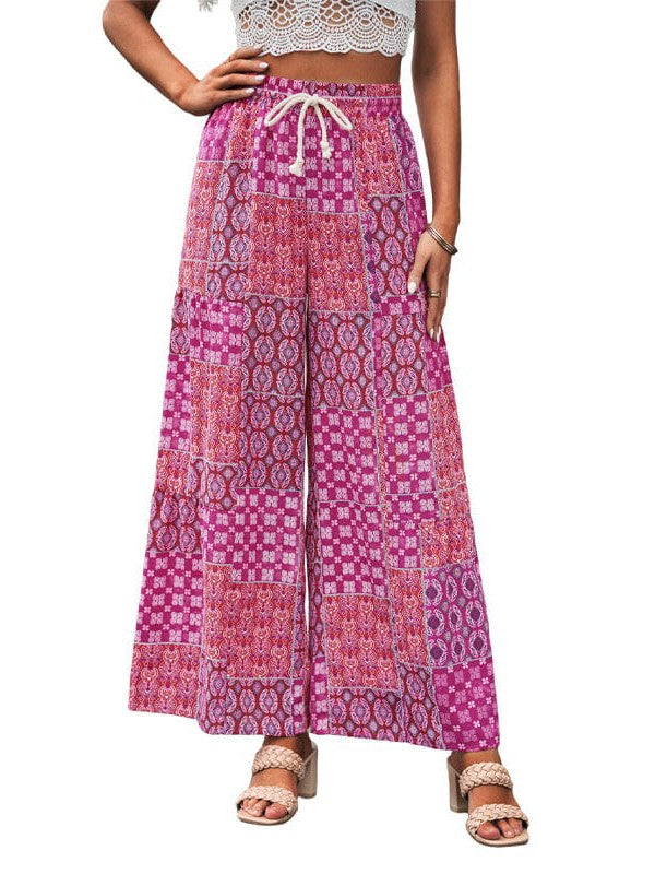 Drawstring High-Waisted Casual Trousers with Wide-Leg Print